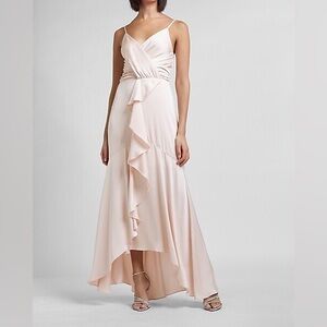 Express Blush Pink Satin Ruffle Front Dress